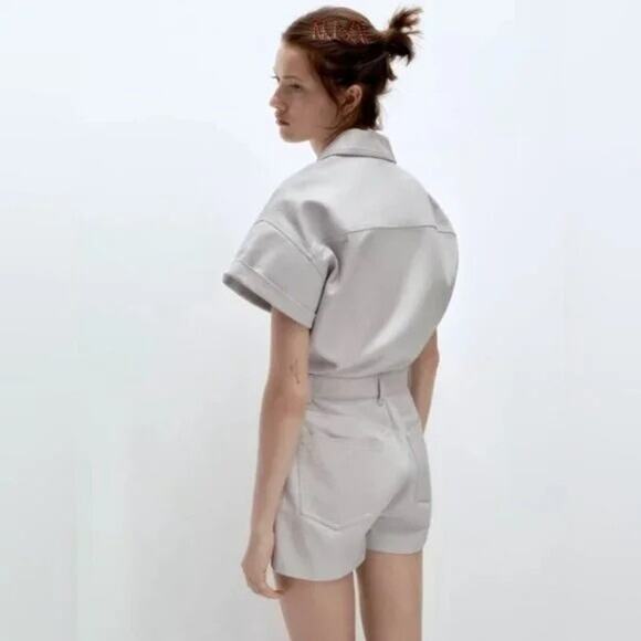 Zara Shimmery Metallic Blue Gray Short Denim Romper - NWT - Picture 3 of 5